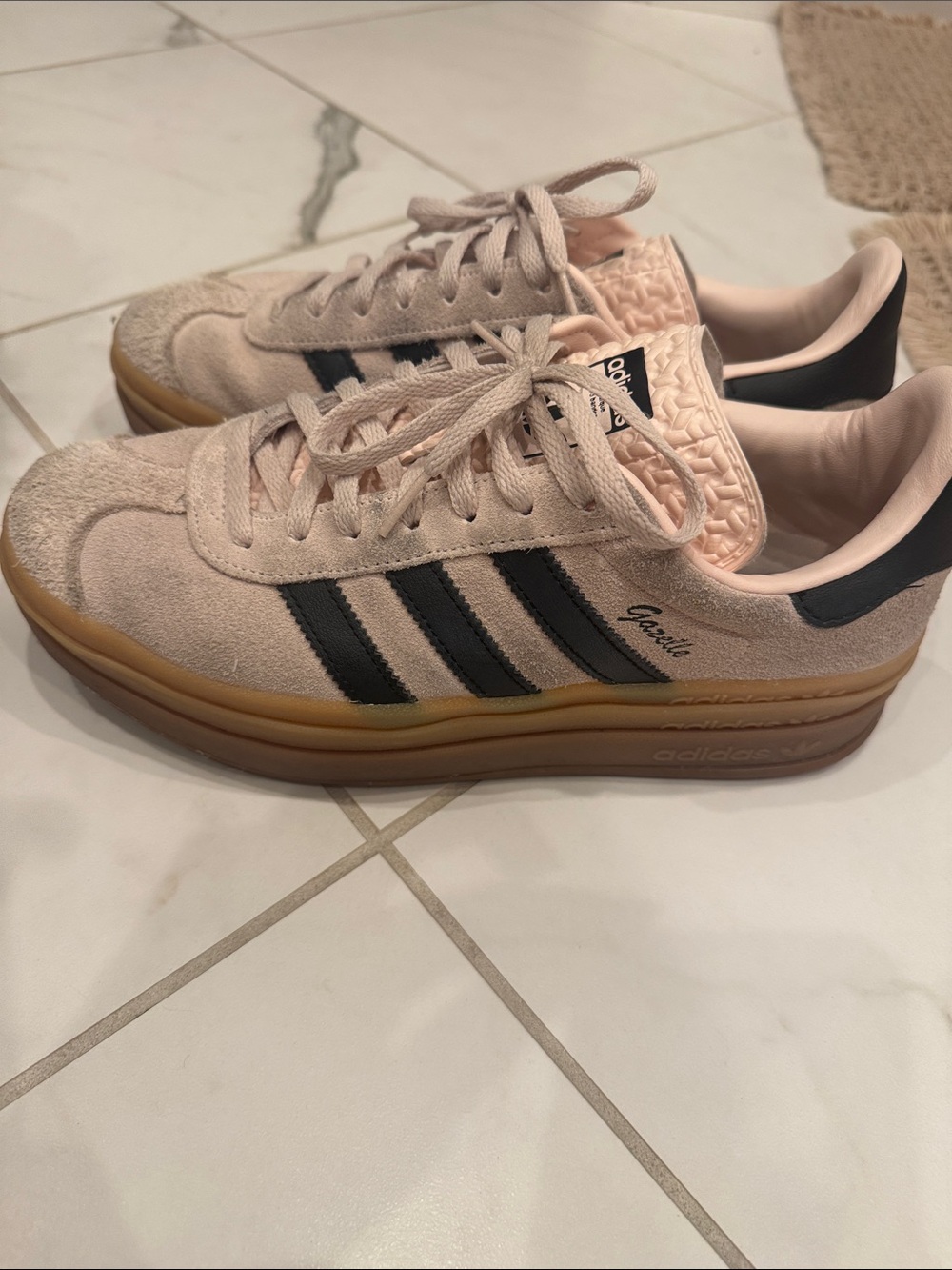 adidas Gazelle Pink Suede Sneakers with Black Stripes and Gum Sole